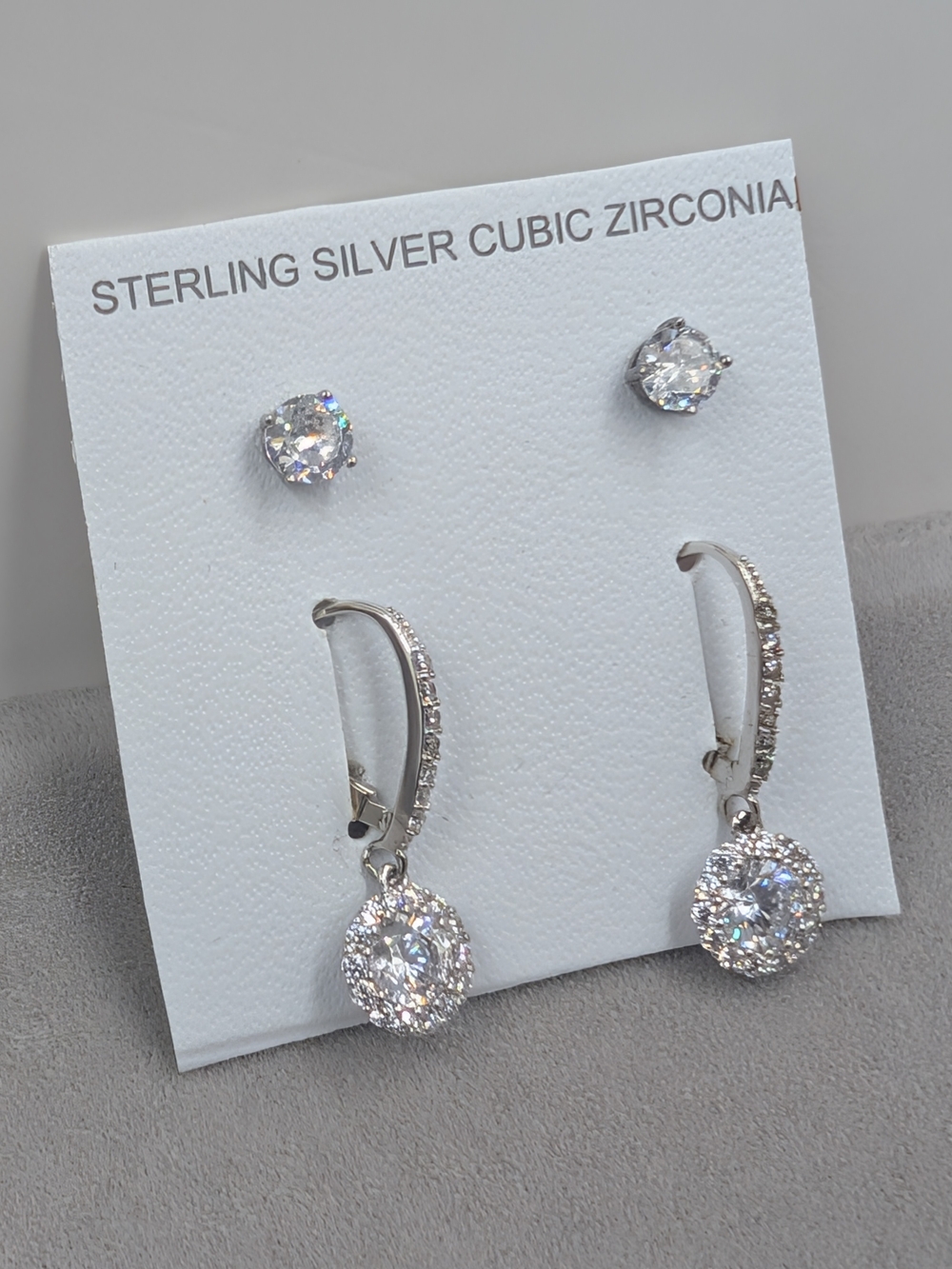 Sterling Silver Cubic Zirconia 2 Pair Earring Set Stud & Drop M340